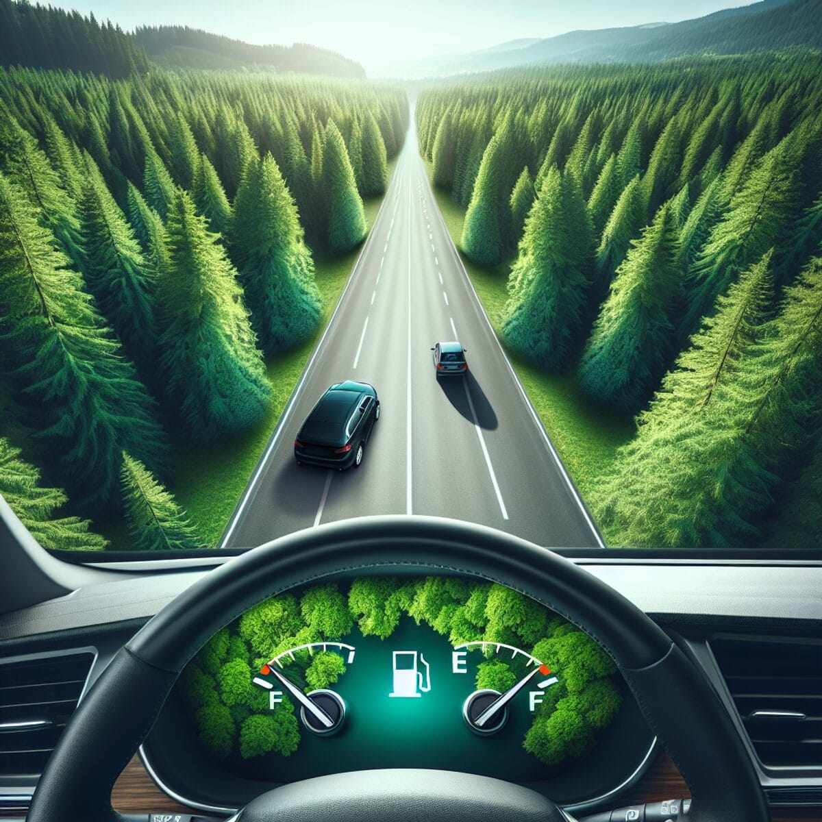 A car driving on an asphalt road in a lush green forest with a full fuel gauge.