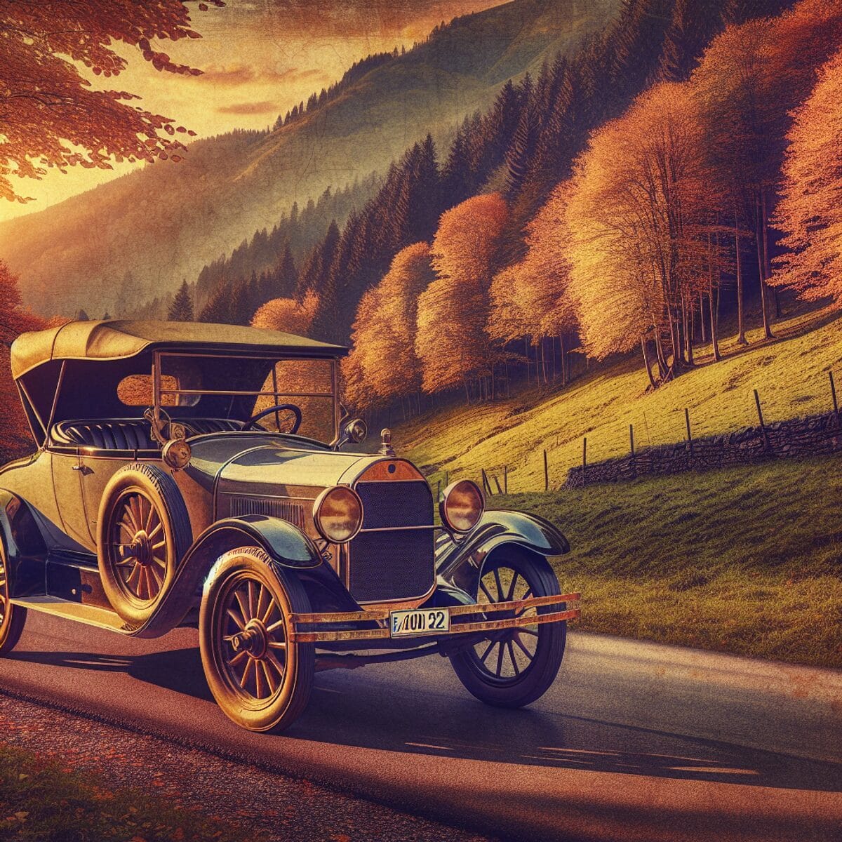 Vintage automobile driving on a winding road surrounded by lush, colorful foliage at sunset.